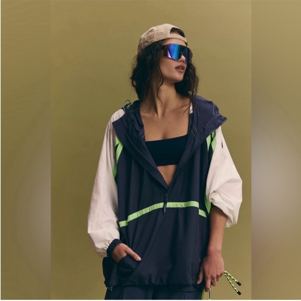 Free People Care FP Like The Wind Logo Jacket in Midnight Navy Combo Size M NWT